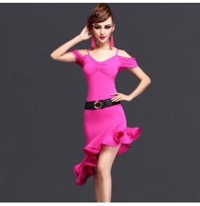 Royal blue fuchsia hot pink purple violet dew shoulder irregular hem backless strap sexy fashion women's ladies female competition performance latin salsa cha cha dance dresses skirts outfits dance wear( no sashes)